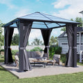 10'x10' Hardtop Gazebo, Outdoor Polycarbonate Roof Gazebo, Heavy Duty Metal Permanent Pavilion with Curtains & Netting for Backyard, Patio, Deck (Polycarbonate Top)