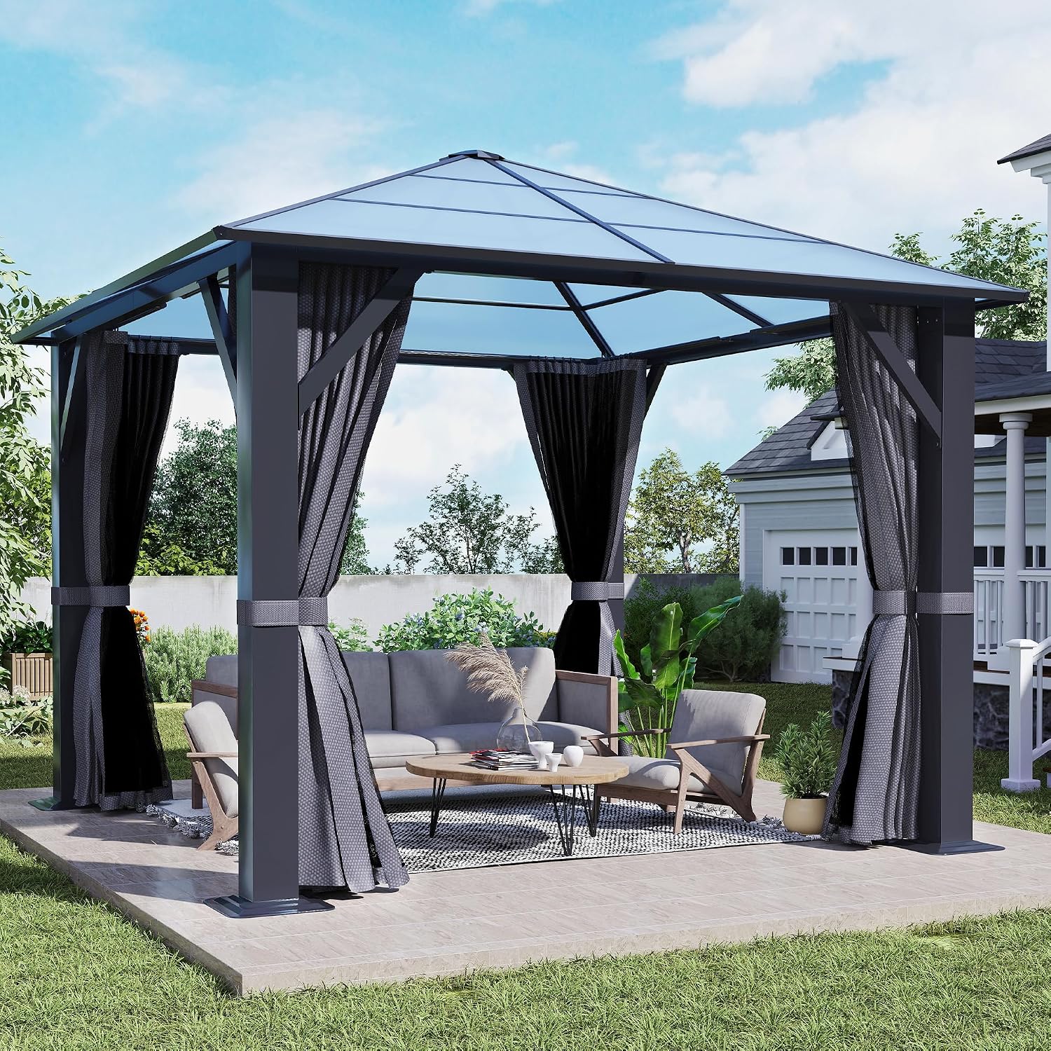 10'x10' Hardtop Gazebo, Outdoor Polycarbonate Roof Gazebo, Heavy Duty Metal Permanent Pavilion with Curtains & Netting for Backyard, Patio, Deck (Polycarbonate Top)