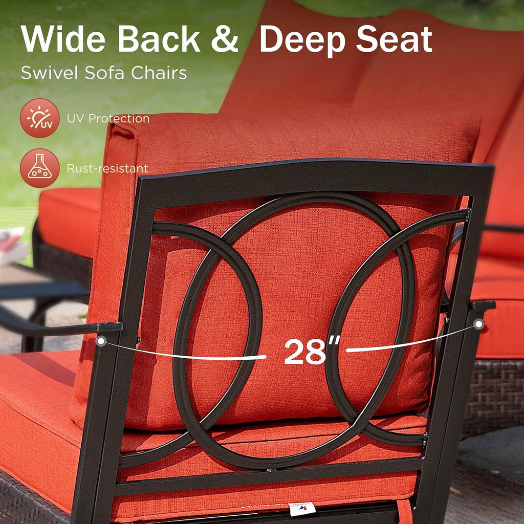 PHI VILLA Outdoor Modern Patio Furniture Set, Upgraded Wicker & Metal Patio Conversation Set with Waterproof Thick Cushions for Porch, Poolside, Yard(5 Pieces,Red)