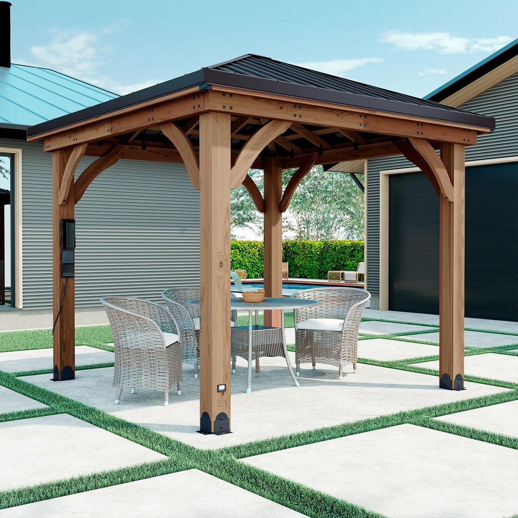 Backyard Discovery Barrington 10' x 10' Cedar Wood Outdoor Gazebo Pavilion with Hardtop Galvanized Steel Hip Roof, Snow Support, Wind Resistance, PowerPort, Shade for Garden, Patio, Deck, Entertaining