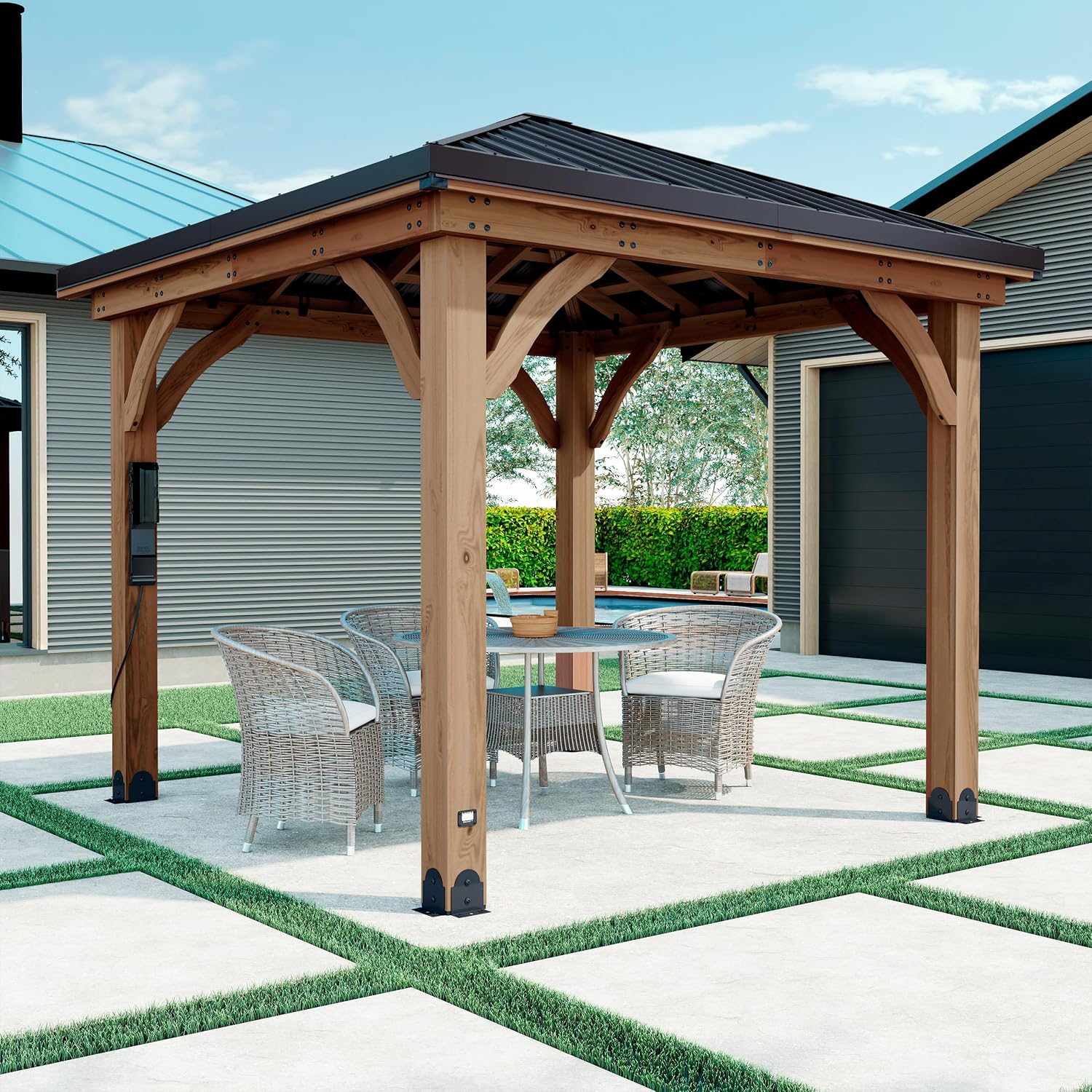 Backyard Discovery Barrington 10' x 10' Cedar Wood Outdoor Gazebo Pavilion with Hardtop Galvanized Steel Hip Roof, Snow Support, Wind Resistance, PowerPort, Shade for Garden, Patio, Deck, Entertaining