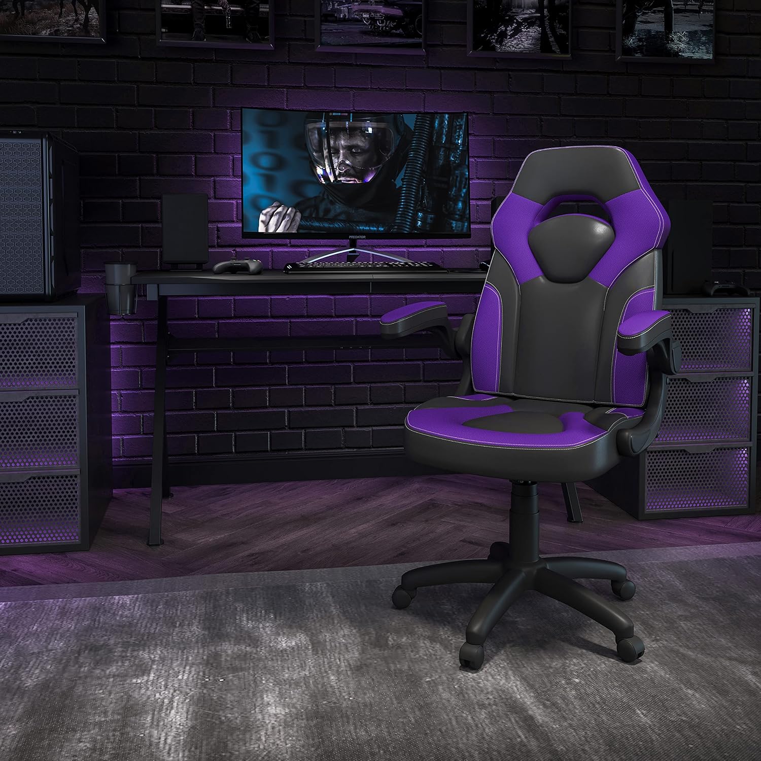 Flash Furniture X10 Gaming Chair Racing Office Ergonomic Computer PC Adjustable Swivel Chair with Flip-up Arms, Purple/Black LeatherSoft