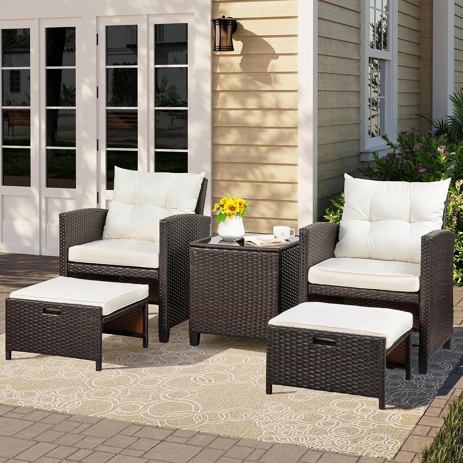 Vongrasig Patio Chair with Ottoman, 5 Pieces Patio Furniture Set Small Balcony Furniture, Rattan Patio Chairs Set of 2 with Glass Table for Front Porch Garden (Beige)