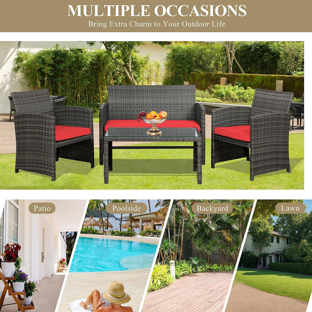 JAMFLY 4 Piece Outdoor Patio Furniture Set, Outdoor Wicker Rattan Chairs Conversation Sets with Cushions & Coffee Table for Outside, Garden, Balcony, Porch, Red