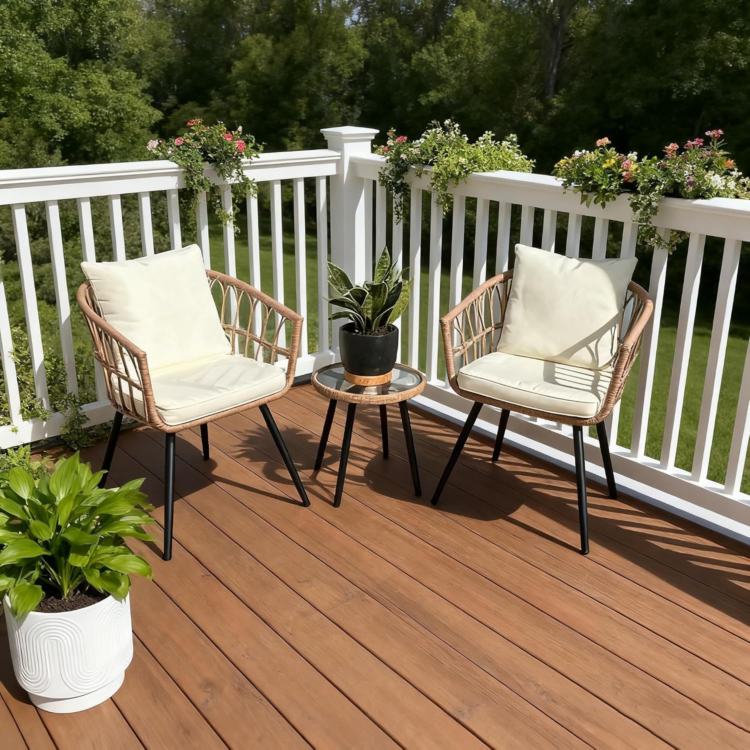 PORWEY 3 Piece Patio Bistro Set, Outdoor Wicker Furniture with Comfortable Cushions, Glass Top Table & 2 Rattan Chairs for Balcony, Apartment, Backyard, Porch, Deck, Beige