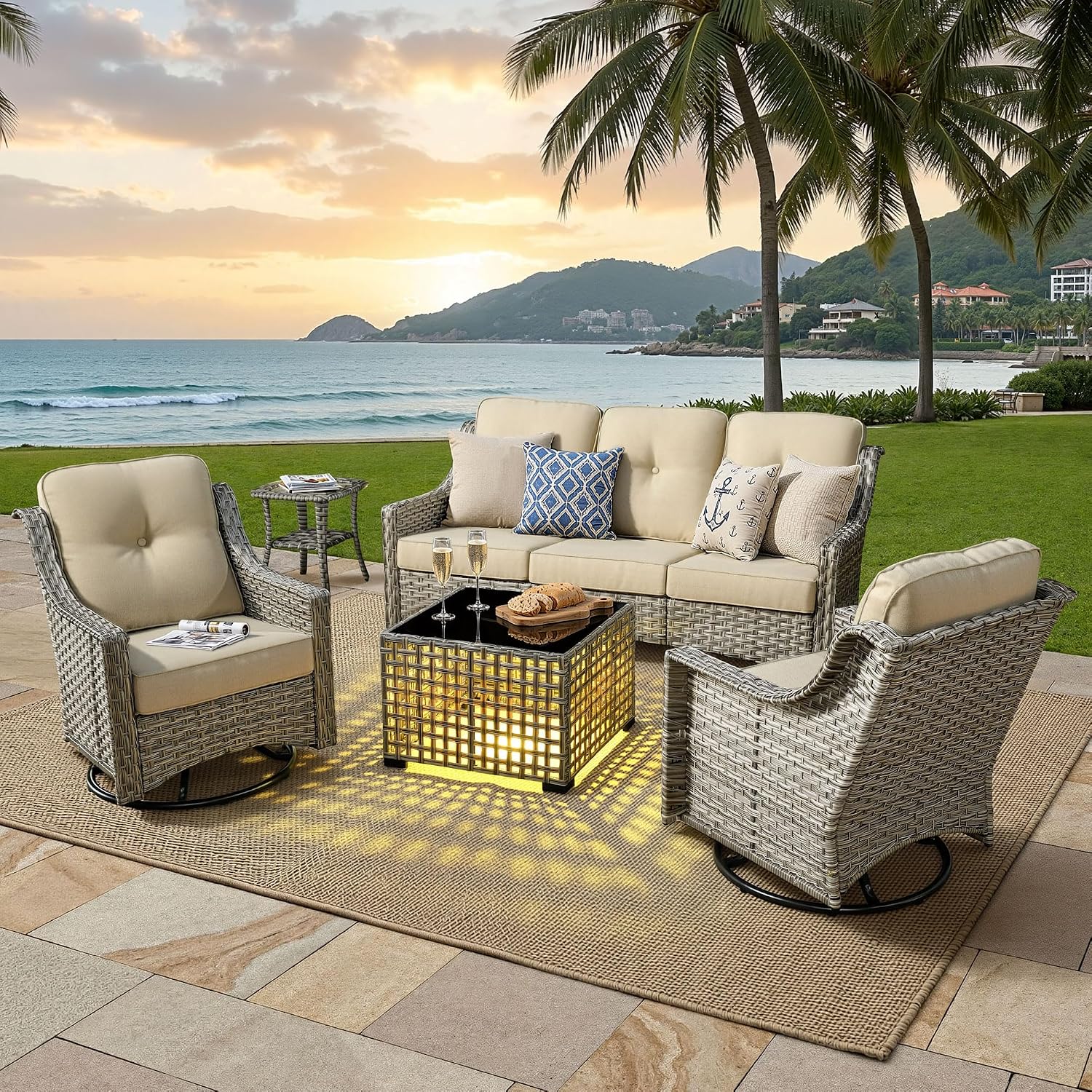 ovios 5 Piece Outdoor Patio Furniture with 3 Seat Sofa,Rattan Wicker Coversation Set with Swivel Rocking Chair,Balcony Sofa Set with Shiny Table for Outside Porch Backyard Pool, Beige
