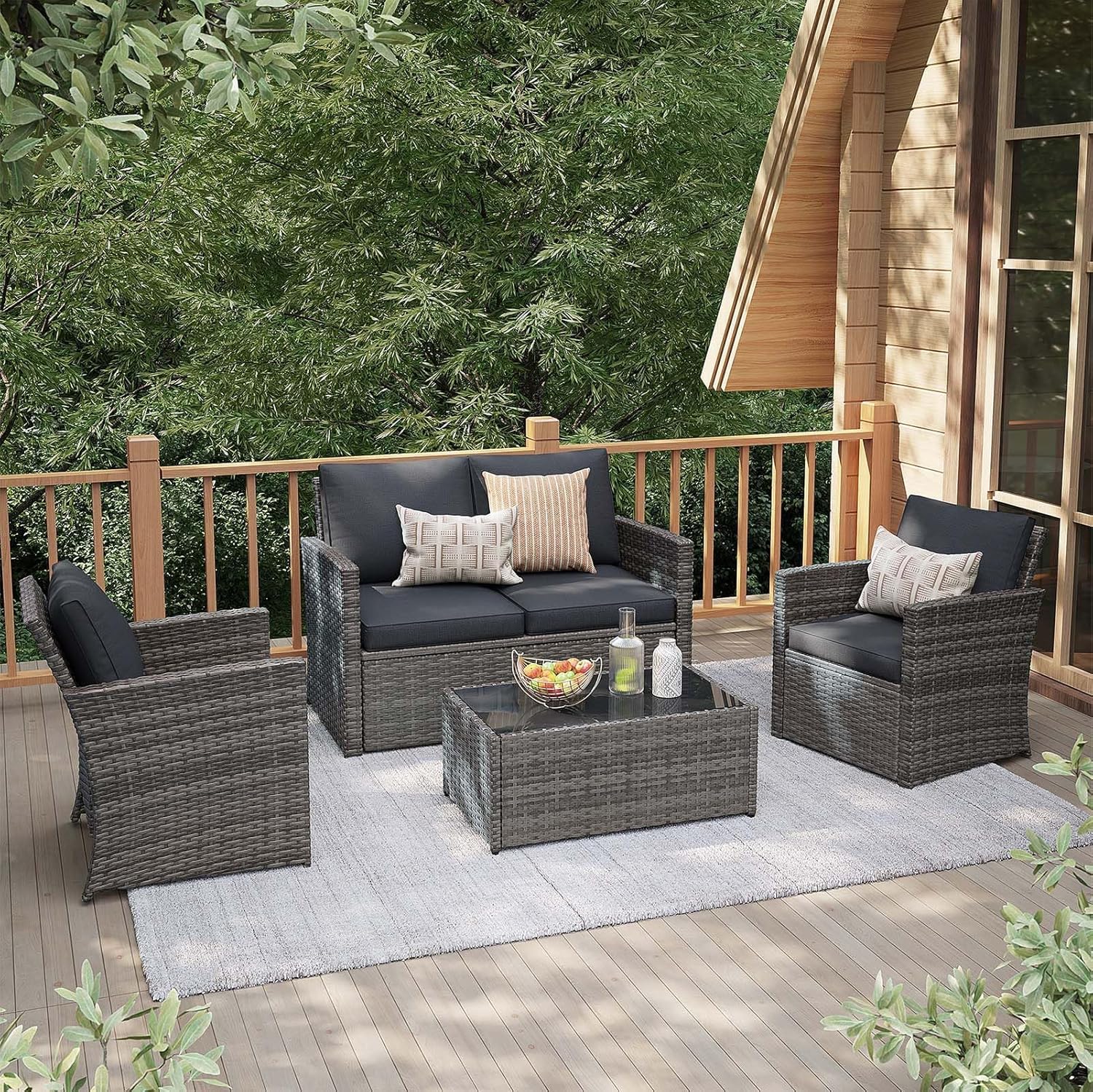 JOIVI 4 Piece Outdoor Patio Furniture Set, All-Weather Wicker Patio Conversation Set, PE Rattan Sofa Set with Loveseat Chair and Tempered Glass Coffee Table, Dark Gray