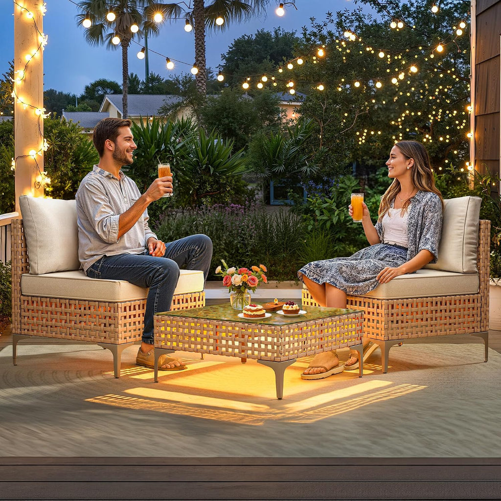 YITAHOME Wicker Patio Furniture Set 3 Pieces Outdoor Sectional Sofa with Solar Light Table Outdoor Couch with Waterproof Cushions All-Weather Rattan Patio Conversation Set for Indoor/Outdoor