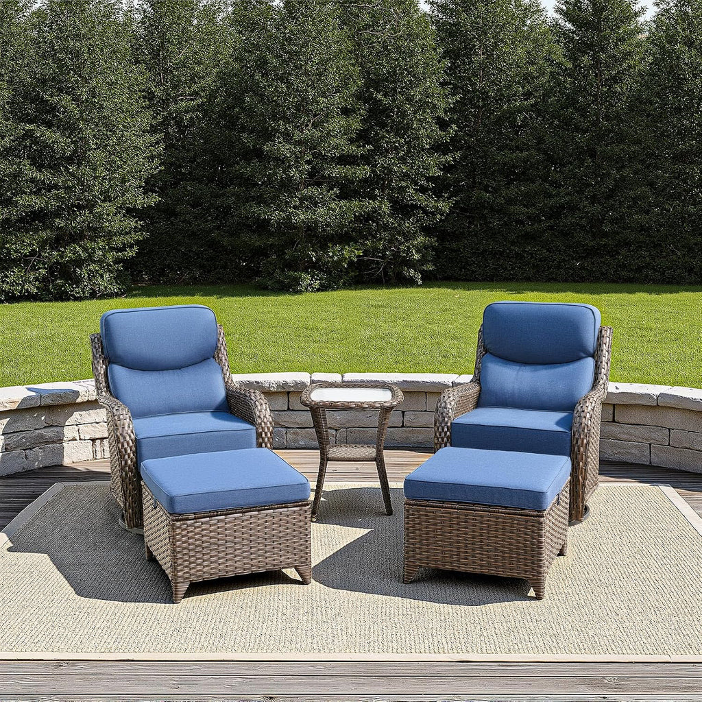 Luxury Outdoor Furniture Set with 6-Inch Thick Cushion, High Back Swivel Patio Chairs with Ottoman & Side Table, Outdoor Wicker Swivel Bistro Set for Porch, Yard, Deck, Poolside, Brown/Blue