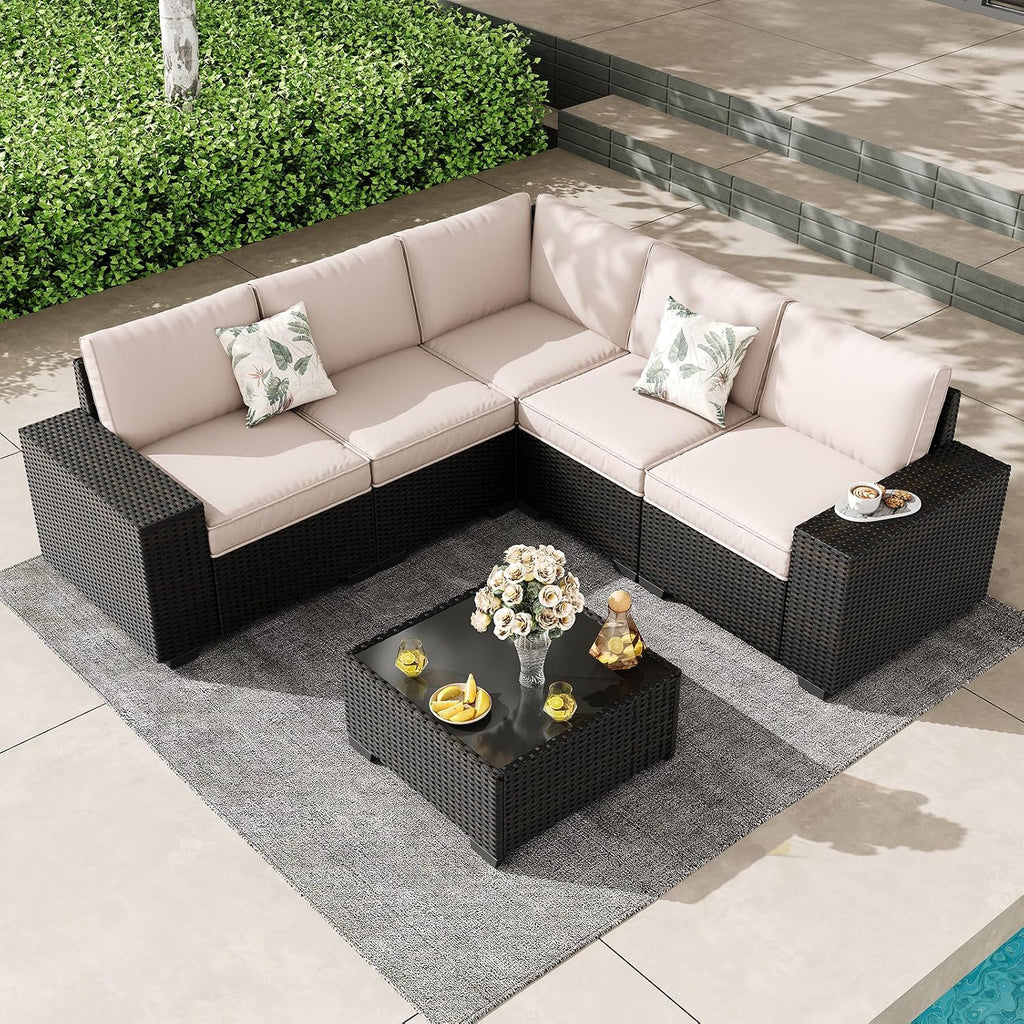 Patio Furniture Set, 6 Pieces Outdoor Couch Sofa with Wider Armrests & Glass Coffee Table, Outdoor Sectional Furniture with Thick Cushions for Party, Poolside,Garden-Beige