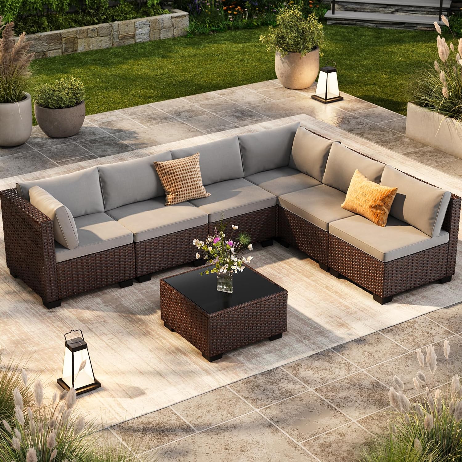 Ahomly 7-Piece Patio Furniture Set, Outdoor Sectional Couch with Water-Resistant Cushions & Coffee Table, PE Rattan Outdoor Patio Sofa Set for Backyard, Deck, Garden, or Porch, Grey