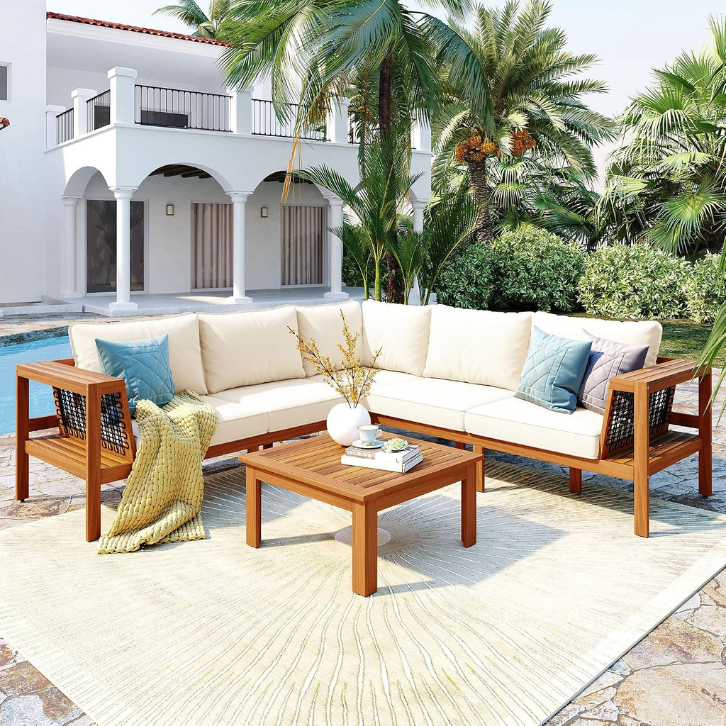 4 Piece Outdoor Patio Furniture Set, L-Shaped Patio Sofa Set with Coffee Table and Woven Mesh Armrests, All-Weather Conversation Seat with Cushions and Side Table (Beige+Brown)