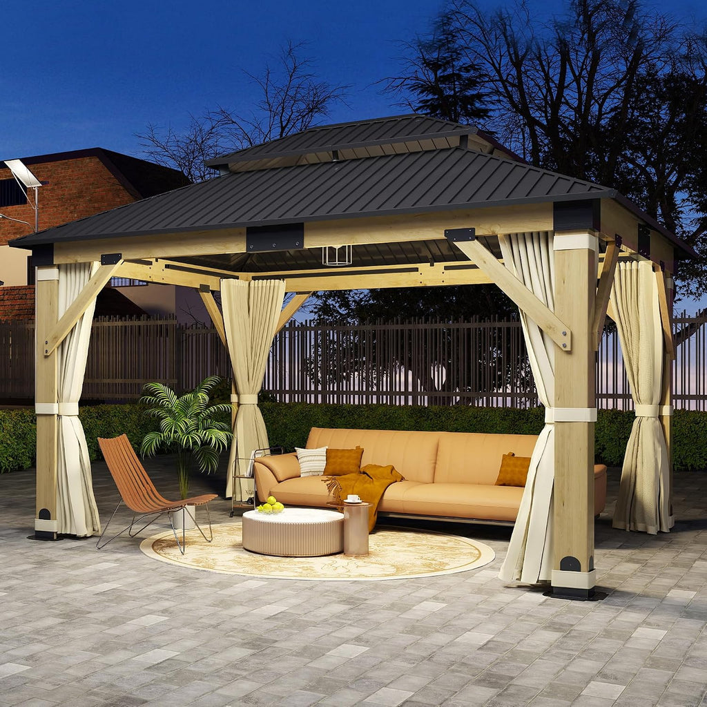 11'x13' Wood Gazebo, Hardtop Cedar Gazebos with Double Roof Galvanized Steel Top, Outdoor Solid Wooden Pavilion with Curtain & Netting for Garden, Patio, Deck, Backyard
