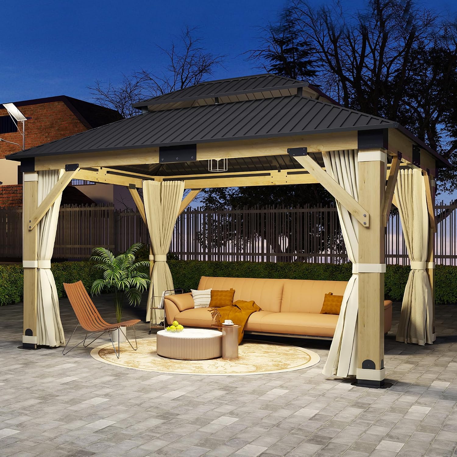 11'x13' Wood Gazebo, Hardtop Cedar Gazebos with Double Roof Galvanized Steel Top, Outdoor Solid Wooden Pavilion with Curtain & Netting for Garden, Patio, Deck, Backyard