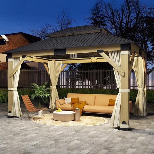 11'x13' Wood Gazebo, Hardtop Cedar Gazebos with Double Roof Galvanized Steel Top, Outdoor Solid Wooden Pavilion with Curtain & Netting for Garden, Patio, Deck, Backyard