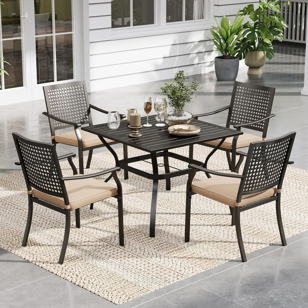 PHI VILLA Metal Patio Outdoor Table and Chairs 5 Piece Dining Set - 37' Square Bistro Table and 4 Backyard Garden Chairs, Table with 1.57' Umbrella Hole