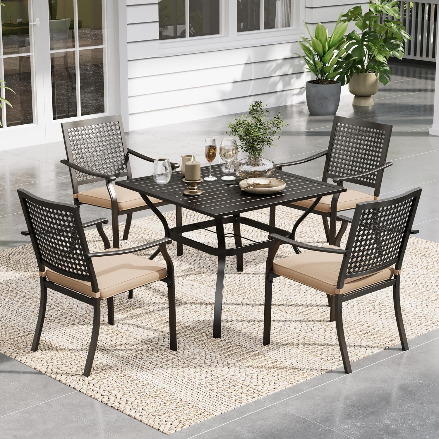 PHI VILLA Metal Patio Outdoor Table and Chairs 5 Piece Dining Set - 37' Square Bistro Table and 4 Backyard Garden Chairs, Table with 1.57' Umbrella Hole