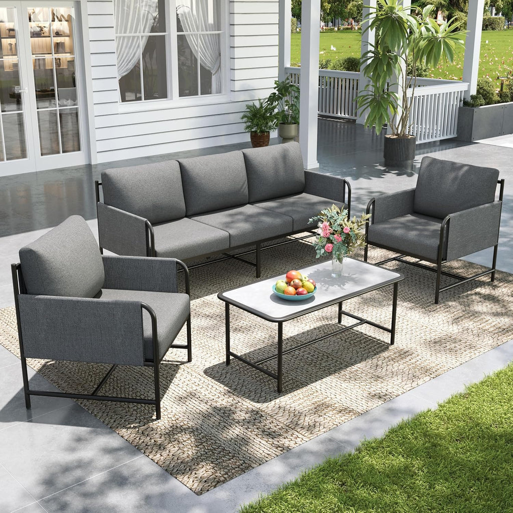 Sophia & William Patio Furniture Set, 4-Piece Metal Outdoor Patio Conversation Set with Coffee Table, Outdoor Furniture with Thick Cushion and Large Seat for Deck Backyard Garden Porch Pool