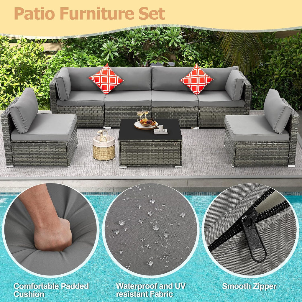 HOMREST 7 Piece Patio Furniture Set with Adjustable Bracket All-Weather Wicker Conversation Set with Coffee Table for Porch Garden Backyard (Gray)