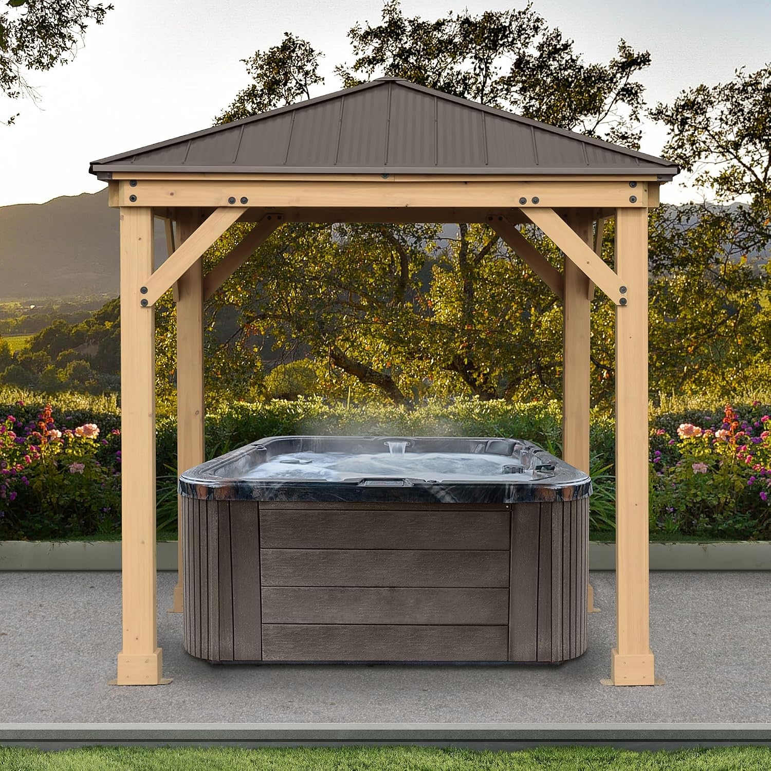 Yardistry 8 x 8 Meridian Cedar Wood Gazebo Pavilion for Patios, Decks, Garden, Backyard, Durable, Aluminum Roof