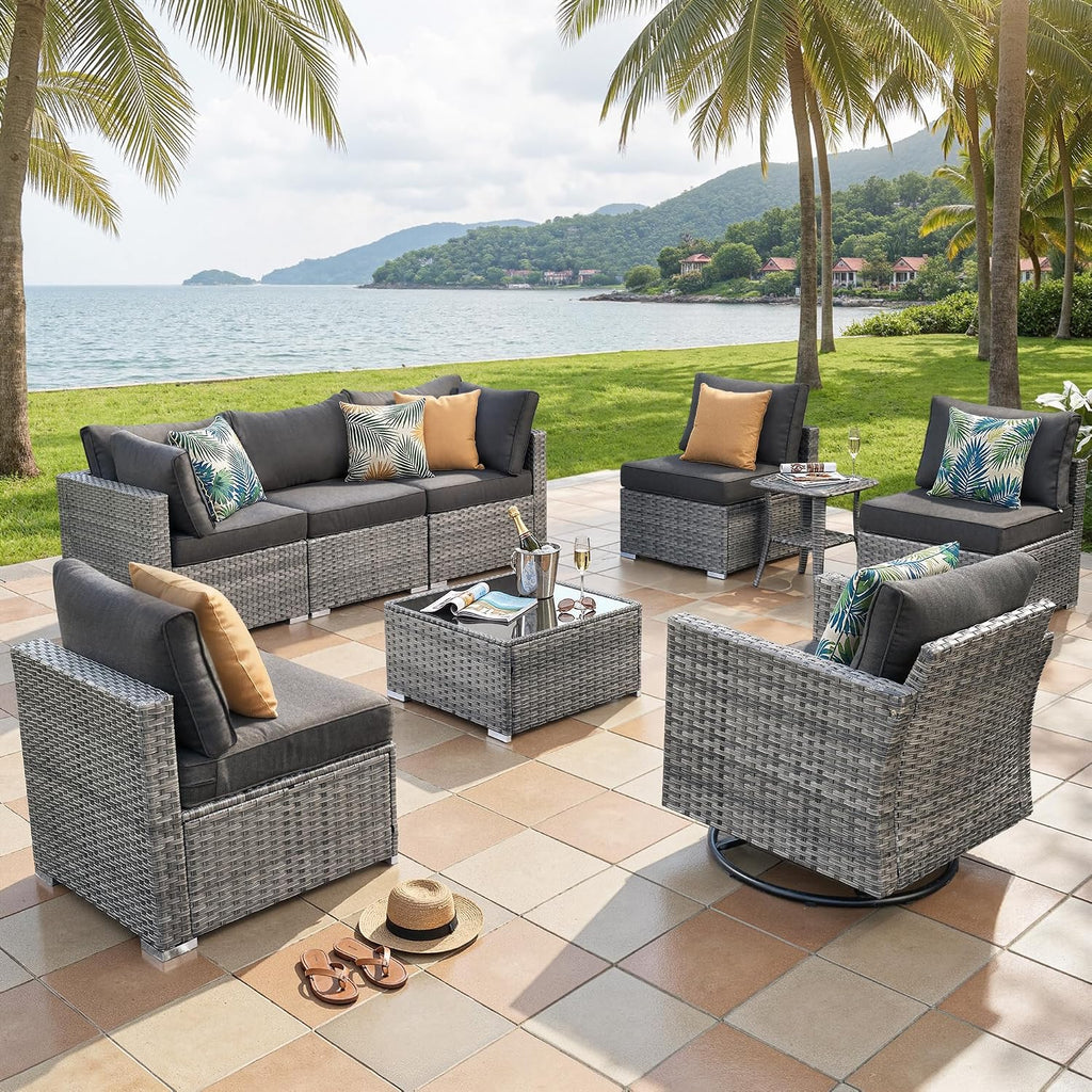 ovios Outdoor 9 Piece Coversation Set with Swivel Rocking Chair,Sectional Patio Furniture Set with All-Weather Wicker Sofa,Modern Outside Couch for Balcony Backyard Pool, Black
