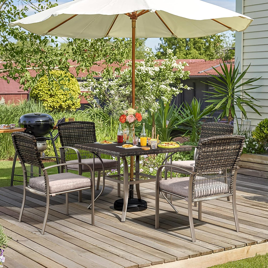 Pamapic 5-Piece Outdoor Furniture Set, Rattan Patio Dining Set with Weather-Resistant Iron Slats Table, 4 Stackable Chairs & Removable Cushions for Backyard, Deck, Garden (Grey)