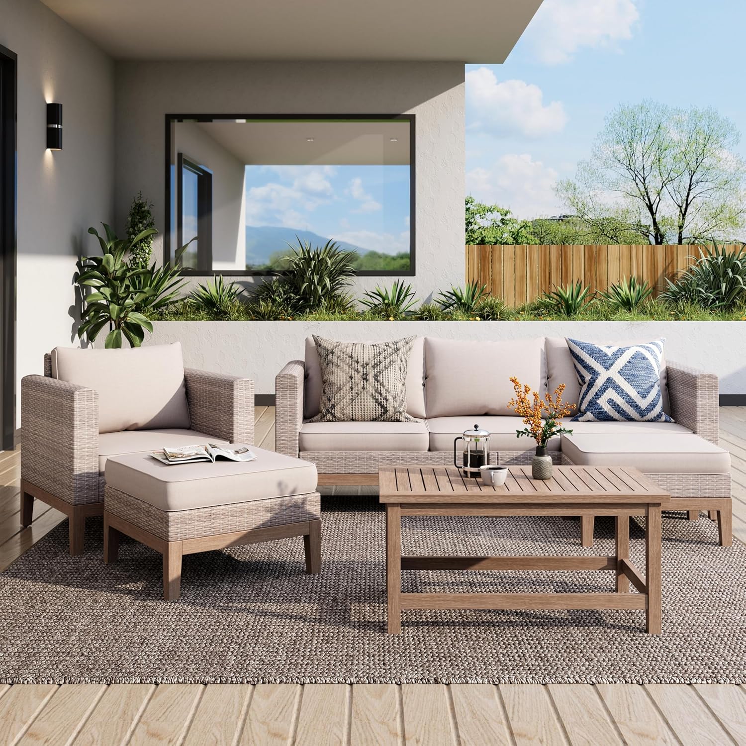 PHI VILLA All Weather Wicker Patio Furniture Sets, 5 Pieces Outdoor Natural Rattan Sectional Sofa Conversation Set with Acacia Wood Coffee Table & Waterproof Cushions, 2 Ottomans for Apartment Balcony