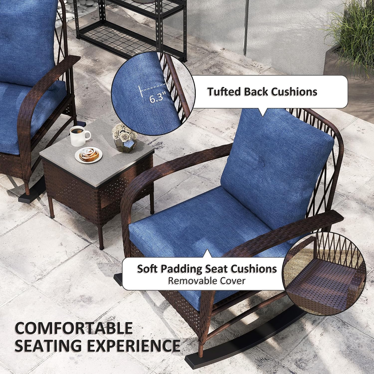 Outsunny 3 Piece Wicker Patio Furniture Set, PE Rattan Rocking Chairs with Coffee Table, Cushions, Outdoor Bistro Set for Porch, Garden, Poolside, Brown