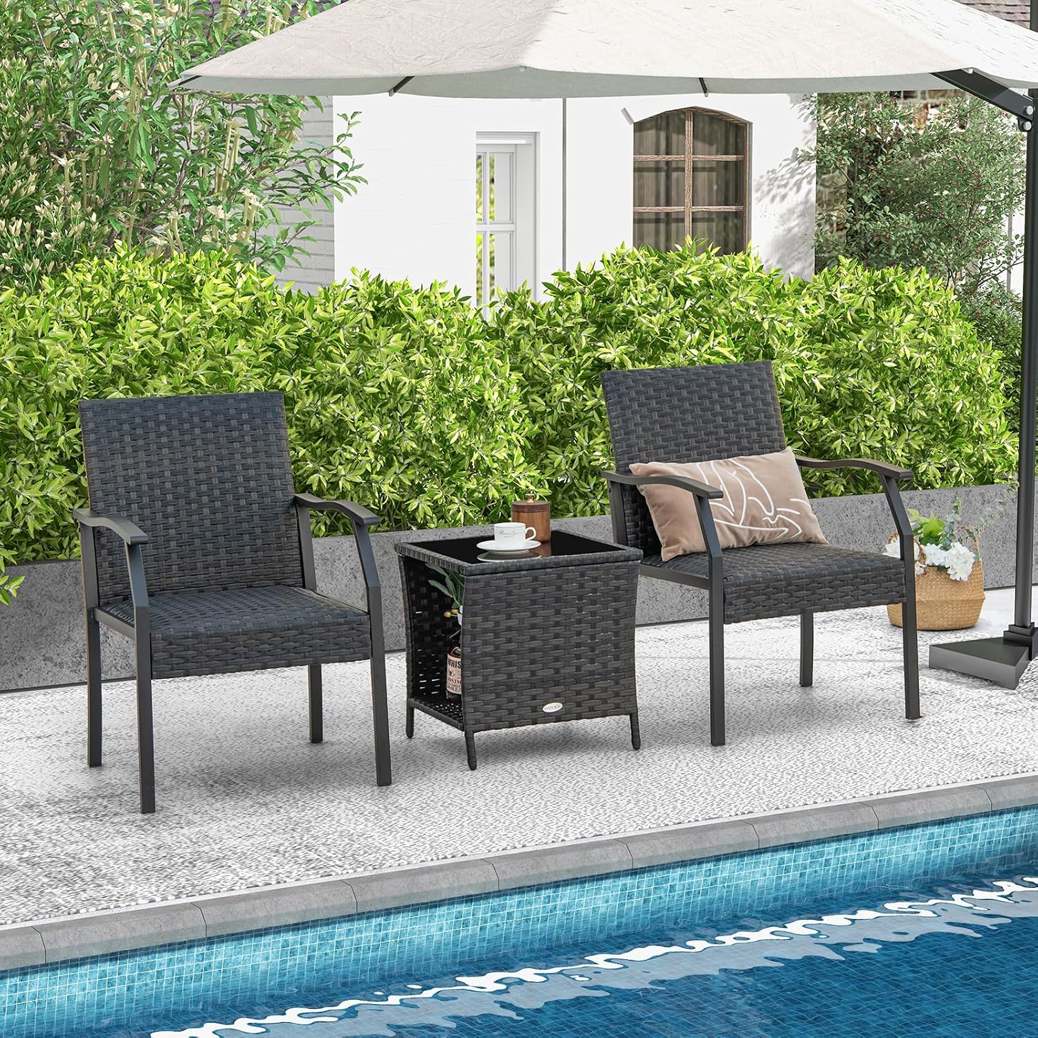 Tangkula 3 Pieces Patio Wicker Chair Set, Waterproof All Weather Resistant Heavy Duty Outdoor Conversation Set with Quick Dry Foam Seating, for Poolside, Backyard, Garden (Mix Brown)