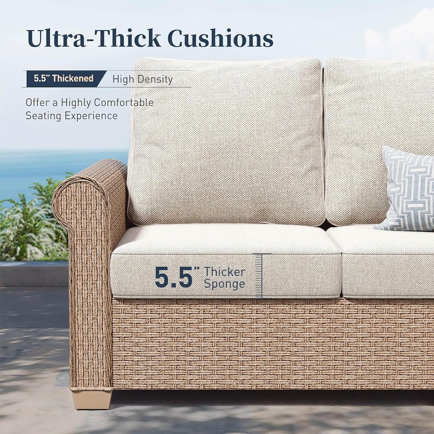 SUNSHINE VALLEY Patio Furniture Set, Wicker Rattan Outdoor Furniture Set with 5.5 Inch Thick Cushions, 2 Chairs and Fire Pit Table, 4 Pieces 5 Seats Patio Conversation Set for Backyard Deck, Beige