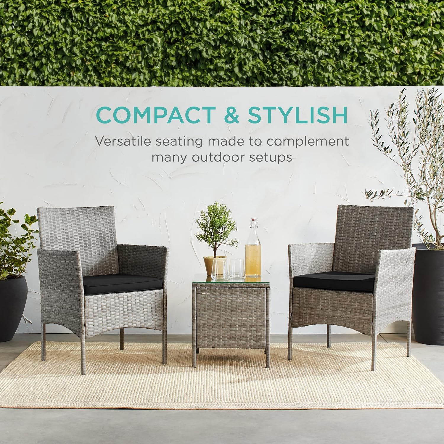 Best Choice Products 3-Piece Outdoor Wicker Conversation Bistro Set, Space Saving Patio Furniture for Garden w/Side Table - Gray/Black