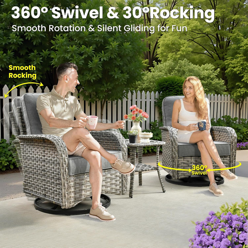 ovios 8-Piece Patio Furniture Set with L-Shape Sofa Chaise, Outdoor Sectional Couch Swivel Gliders Fire Pit Table, Modern Modular Wicker Rattan Conversation Set, Dark Grey