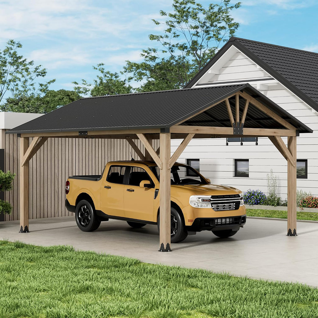13'x15' Outdoor Patio Wooden Gazebo - Cedar Solid Wood Gazebo with Galvanized Steel Roof, Wooden Frame, Pavilion for Lawns, Beach, Patio, Garden (13X15FT)