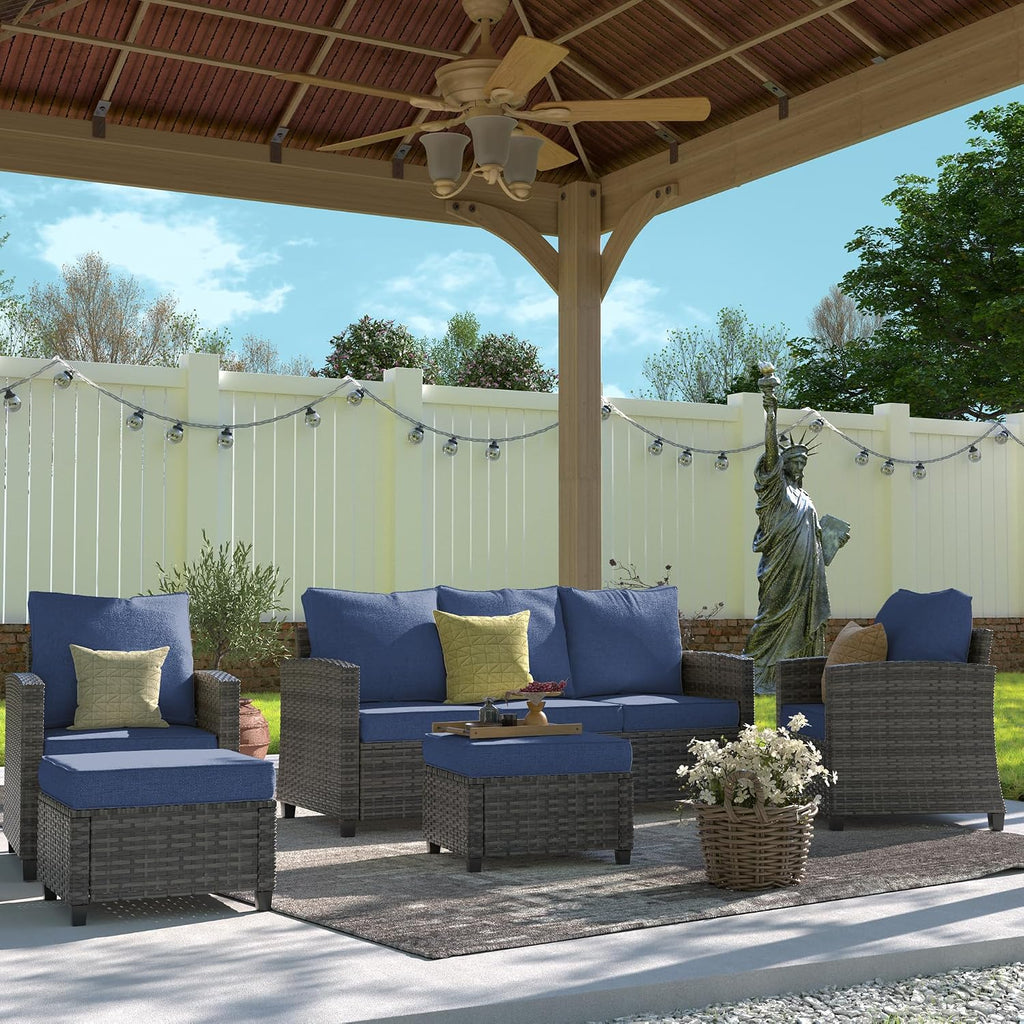 UDPATIO Patio Furniture Set, 5 Pieces Outdoor Sectional Sofa Set, All-Weather Wicker Rattan High Back Outdoor Conversation Set with Ottoman for Poolside, Backyard, Grey Wicker Navy Blue Cushion