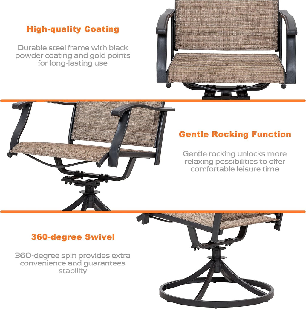 NUU GARDEN Outdoor Patio Dining Set, 4 Swivel Textilene Dining Chairs and 37' Square Dining Table with 1.57'' Umbrella Hole, Powder Coated Iron Frame, for Patio, Garden, Backyard, Black and Brown