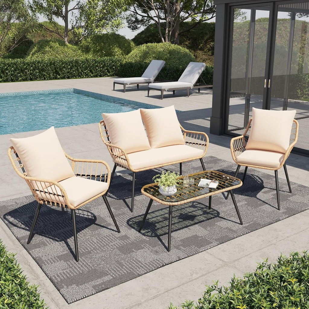 Verano Garden 4 Pieces Patio Furniture Set, Outdoor Wicker Patio Conversation Set for Porch Deck, Boho Loveseat & 2 Armchairs with Cushion and Pillow, Tempered Glass Table