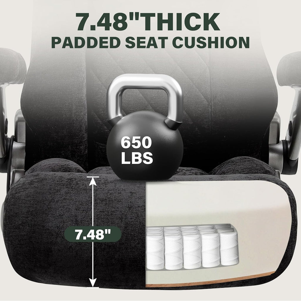 650lbs Big and Tall Office Chair with Thick Spring Cushion,5D Flip Arm Ergonomic Executive Office Chair Adjustable Lumbar Airbag&Extra Wide,Comfy Large Padded Heavy Duty Game Chair,Blackcloth