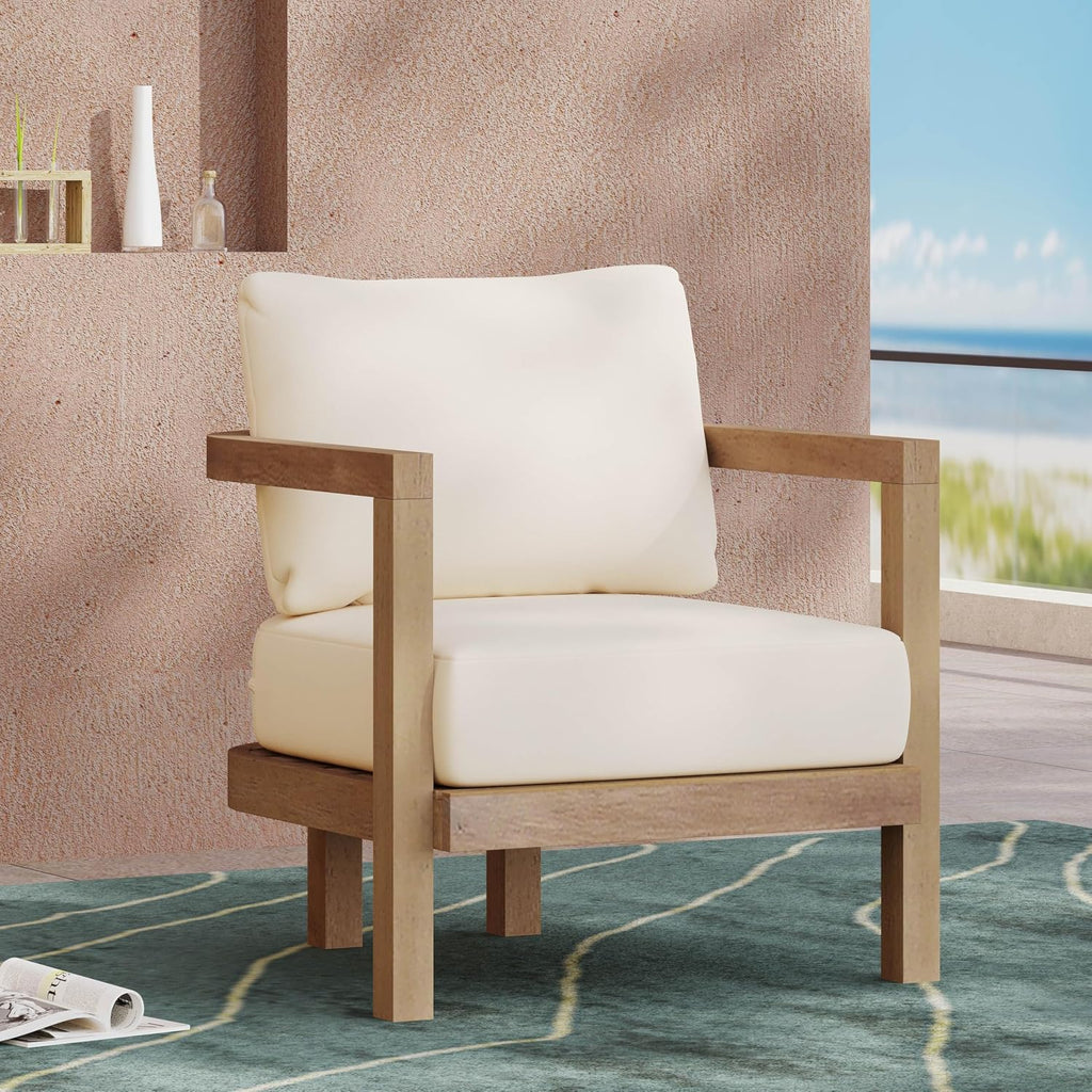 Merax Single Outdoor Acacia Wood Club Chair with Cushion,Patio Furniture Conversation Set for Backyard