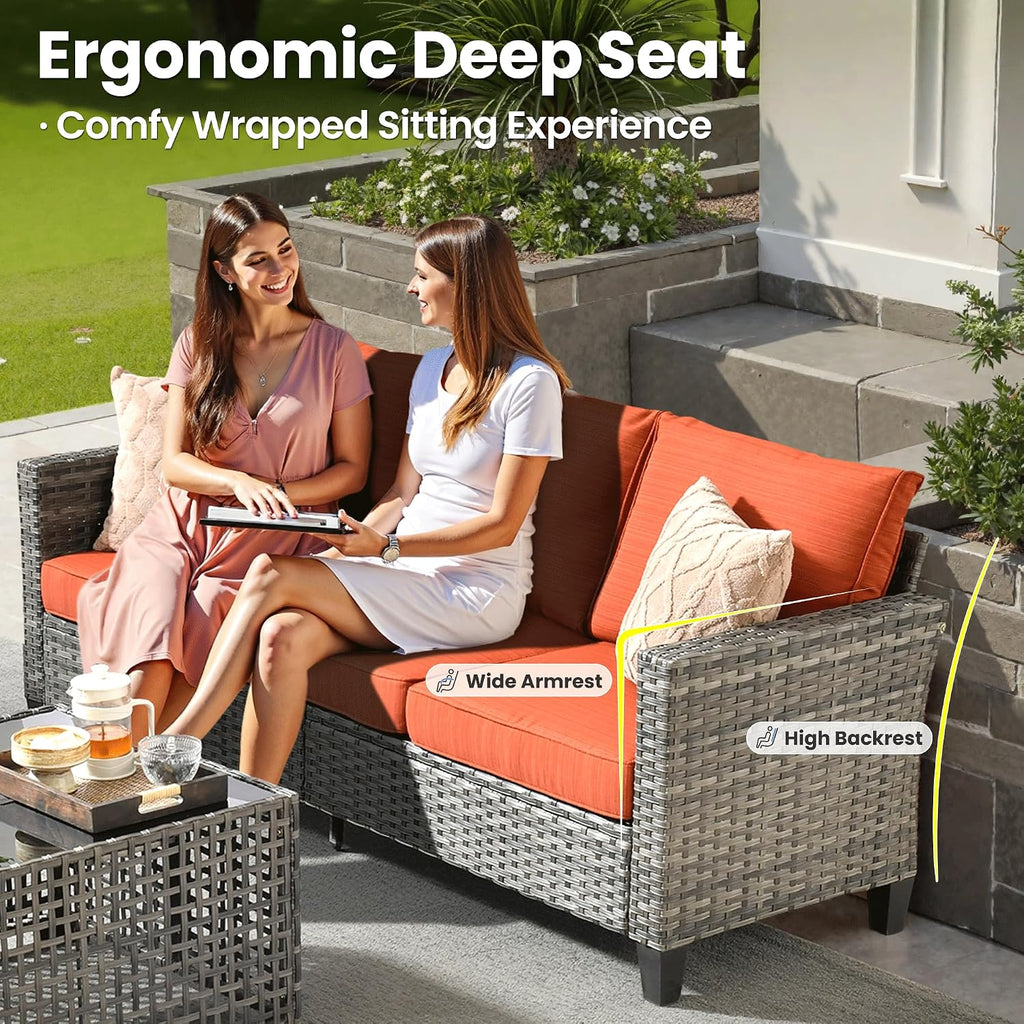 ovios 7 Pieces Patio Furniture Set with 42' Fire Pit Table, Outdoor Sofa Couch with Solar Lights Table Comfy Cushions, Modern Deep Seat Wicker Rattan Conversation Set, Orange Red