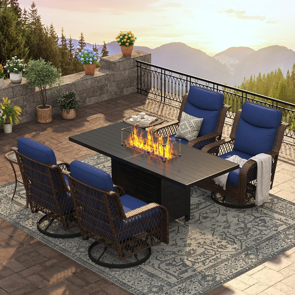PIZZELLO 7 Piece Patio Furniture Set with 60' Propane Firepit Table, 4Pcs Outdoor Swivel Rocker Chairs with 2 Side Tables and Aluminum Gas Fire Table