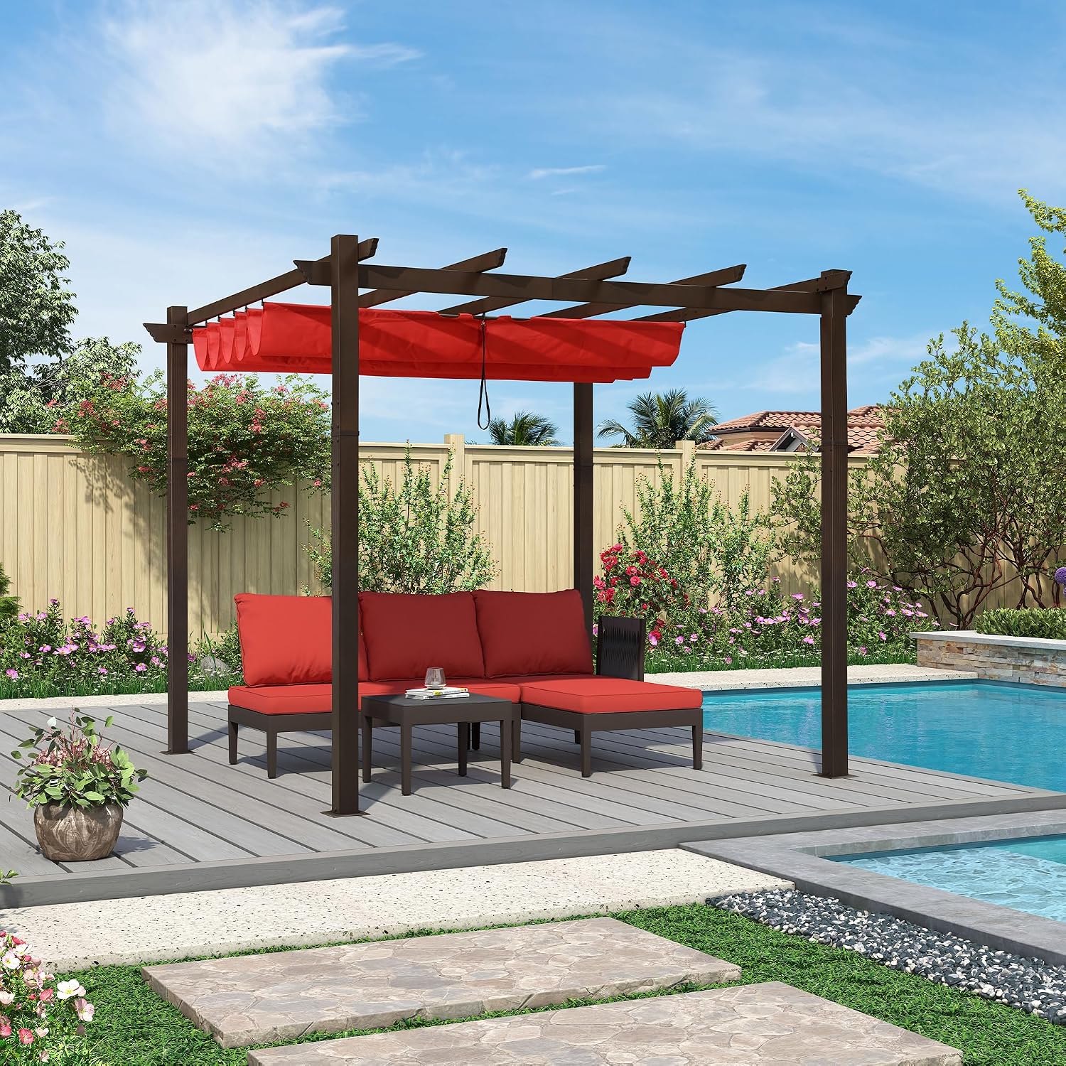 PURPLE LEAF 10' X 10' Retractable Metal Pergola with Canopy and Shade Cover for Garden, Yard, Deck, Beach, Terra