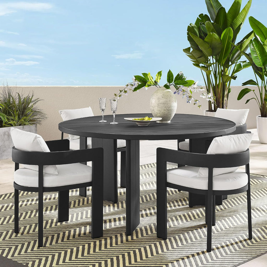 Modway Tahoe Outdoor Patio Powder-Coated Aluminum 5-Piece Dining Set in Gray White - Round Patio Furniture Set for 4 - Outside Table with Umbrella Hole and Cushioned Chairs - Modern Patio Set
