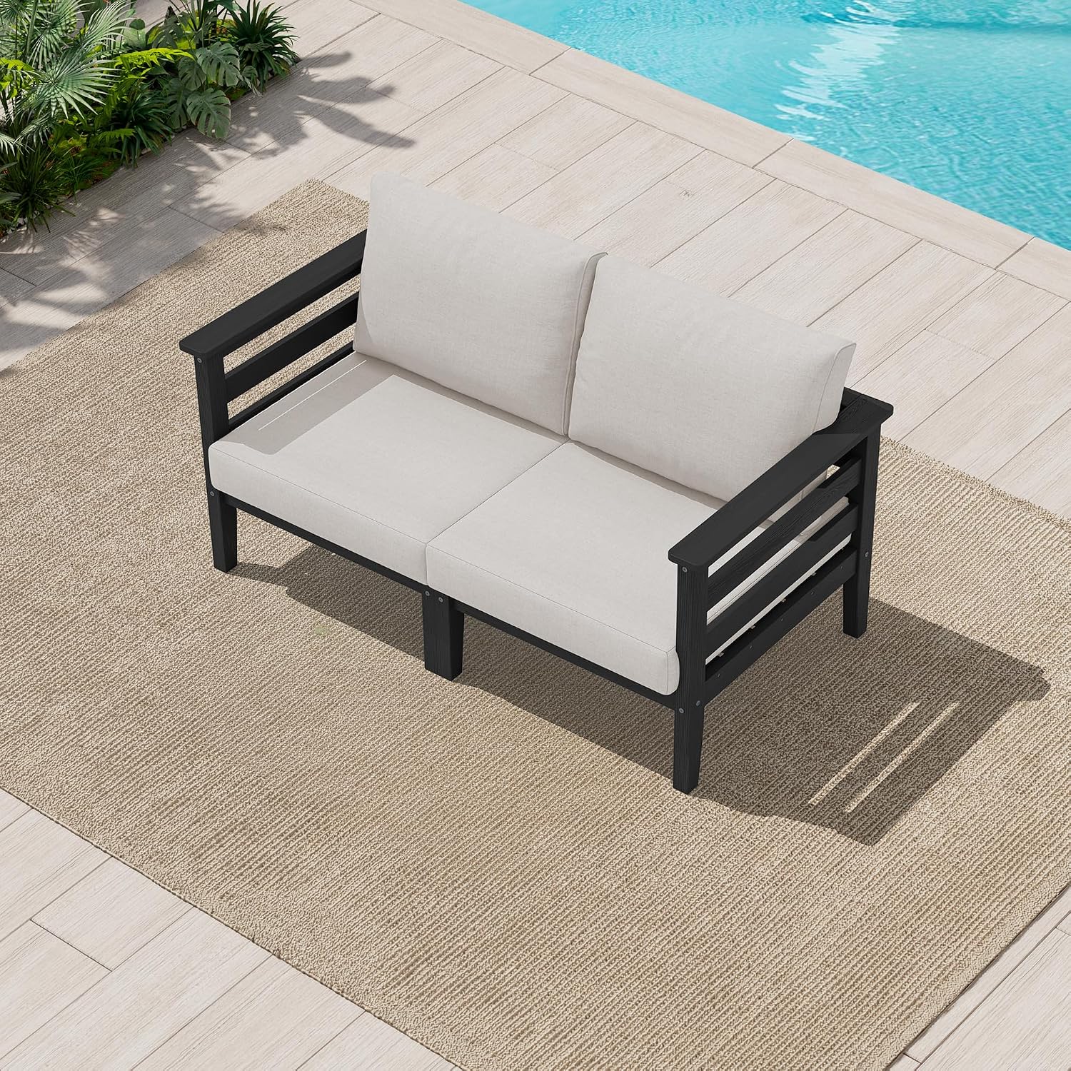 SERWALL HDPE Patio Furniture Set, 2 Pieces Outdoor Sectional Sofa Set, All-Weather Wood-Like Outdoor Loveseat for Deck, Lawn, Black Frame with Khaki Cushion