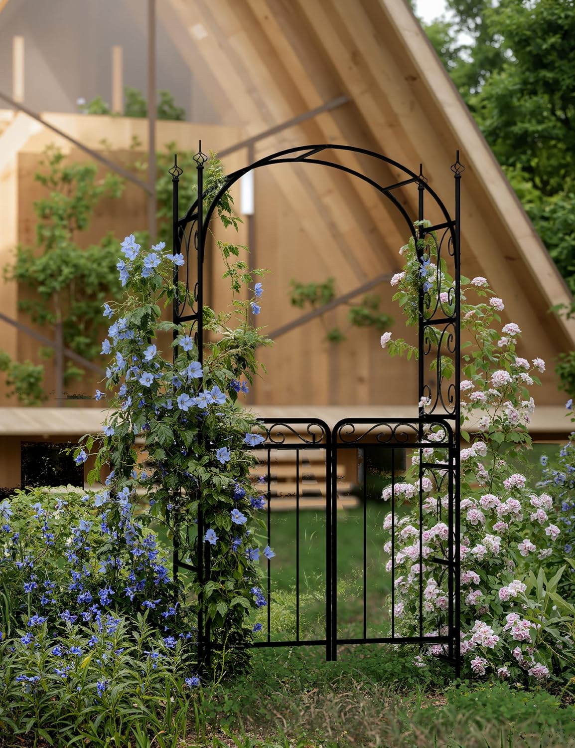 8FT Elegant Garden Arch with Double Gates - Metal Wedding Arbor for Outdoor Ceremonies, Sturdy Steel Trellis for Roses, Vines & Climbing Plants, Perfect for Patio, Lawn & Backyard Decor