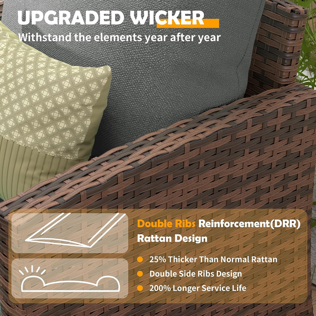 UDPATIO Patio Furniture Set, 6 Pieces Outdoor Sectional Couch with Swivel Rocking Chair, Brown Wicker Rattan Conversation Sofa, 4' Thick Cushion for Garden Backyard Deck, Dark Grey