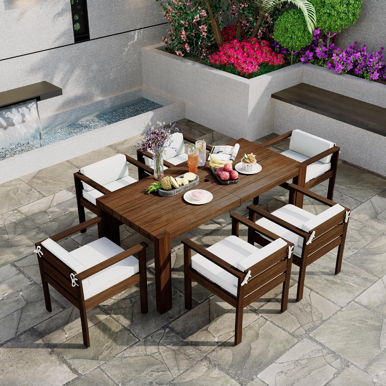 Merax 7-Piece Patio Dining Table Set,Outdoor Furniture Set with 72.8' Rectangle Table & 6 Chairs,Adjustable Leveling Feet,Umbrella Hole for Backyard,Garden,Poolside,Brown+ Beige