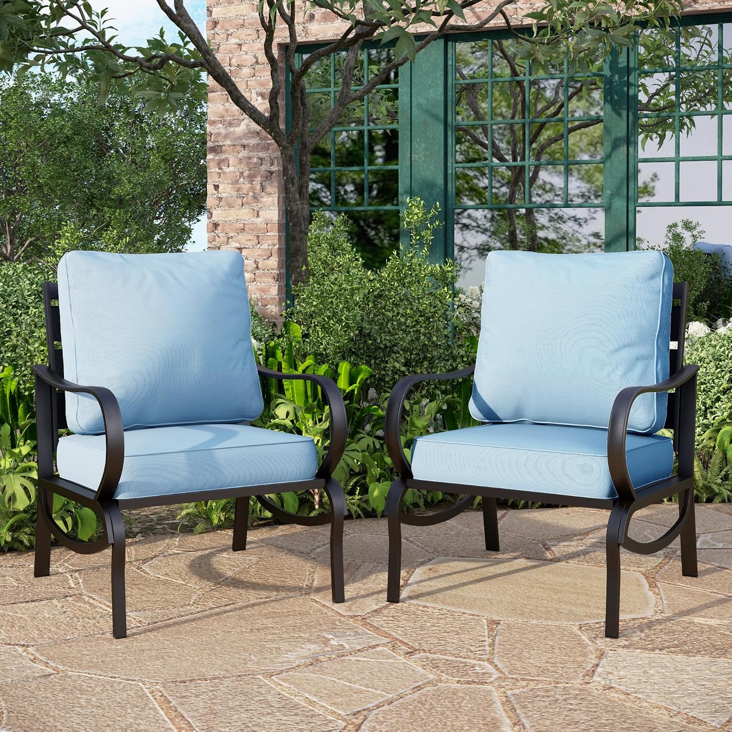 PHI VILLA Patio Metal Sofa Chair for 2, Deluxe Outdoor Patio Set with 2 Stable Padded Sofa Chair(Blue)