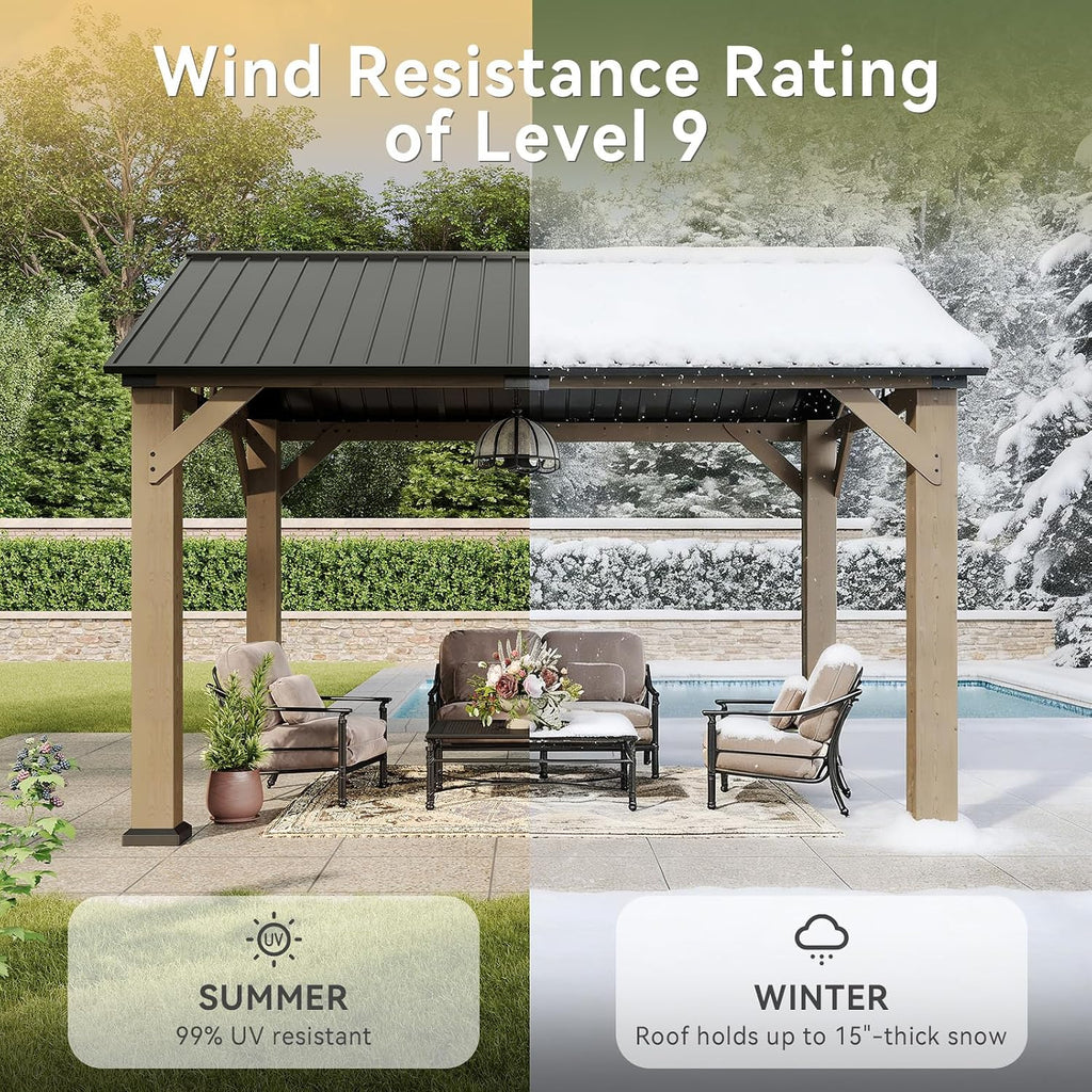 Aoxun 12' x 10' Outdoor Wood Gazebo, Hardtop Gazebo Permanent Wooden Pavilion with Gable Galvanized Steel Roof, for Patio, Garden, Backyard(Nature)