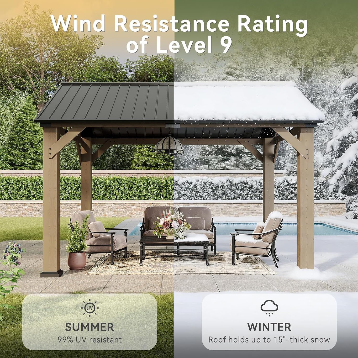 Aoxun 12' x 10' Outdoor Wood Gazebo, Hardtop Gazebo Permanent Wooden Pavilion with Gable Galvanized Steel Roof, for Patio, Garden, Backyard(Nature)