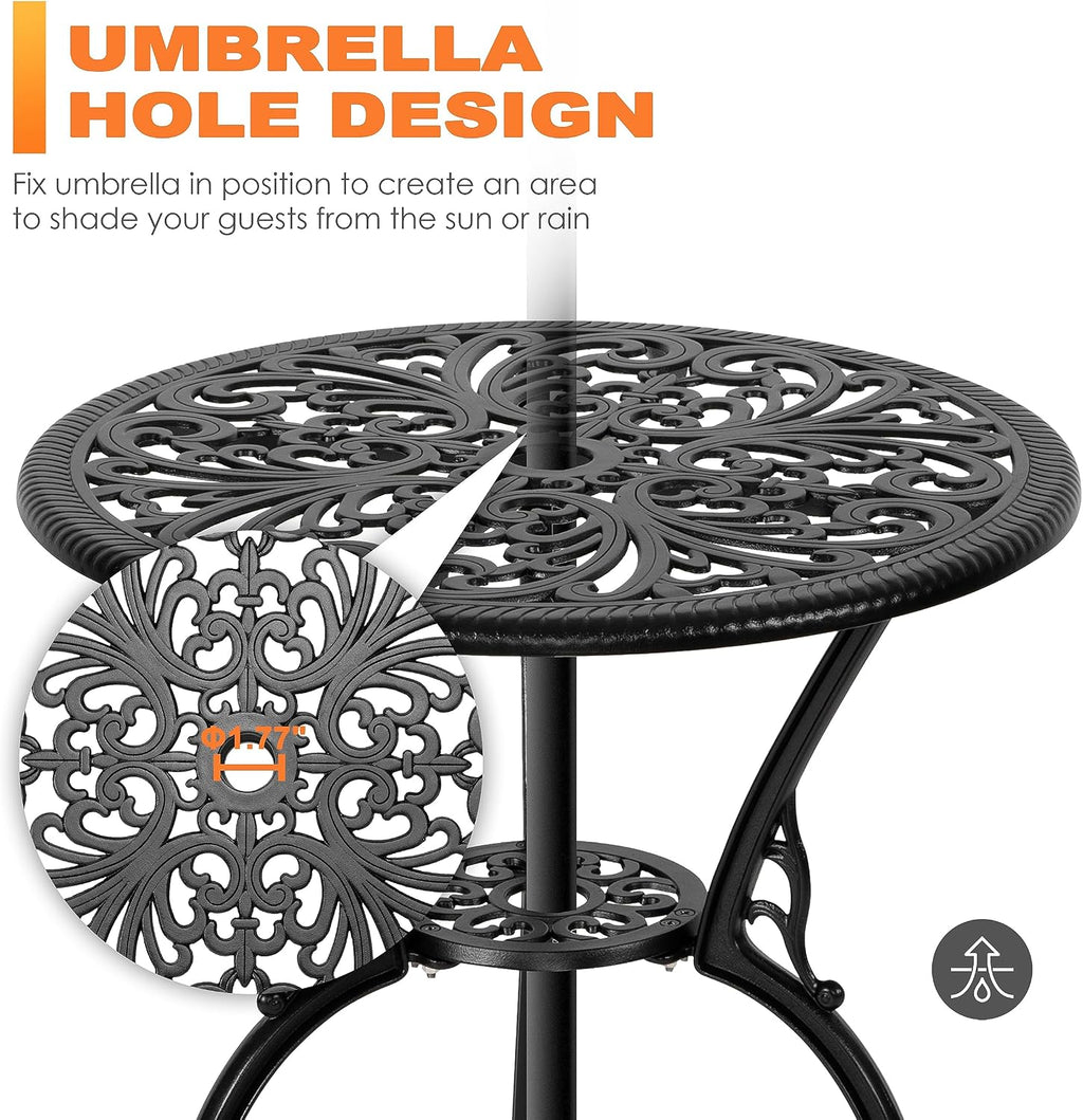NUU GARDEN Bistro Set 3 Piece Outdoor All Weather Cast Aluminum Patio Bistro Set Patio Table and Chairs Set of 2 with Umbrella Hole and Gray Cushions for Backyard, Balcony, Lawn, Black